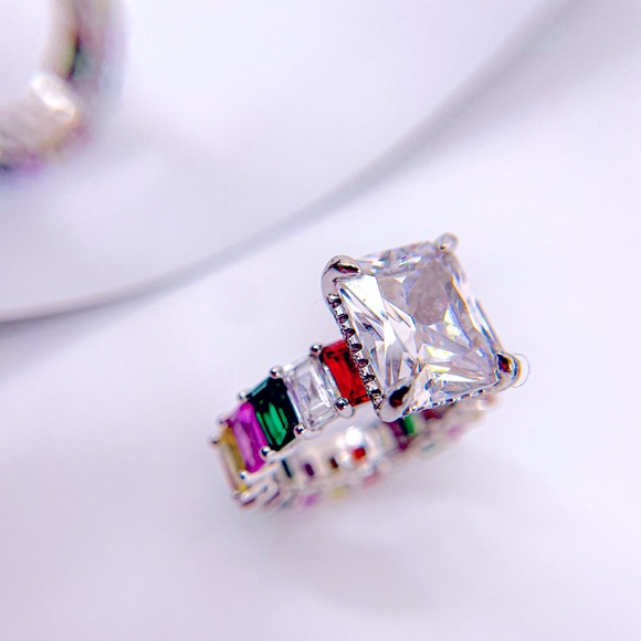Silver Tone Radiant Cut Cubic Zirconia with Rainbow Stone on Band Size 5.25 - Picture 1 of 10